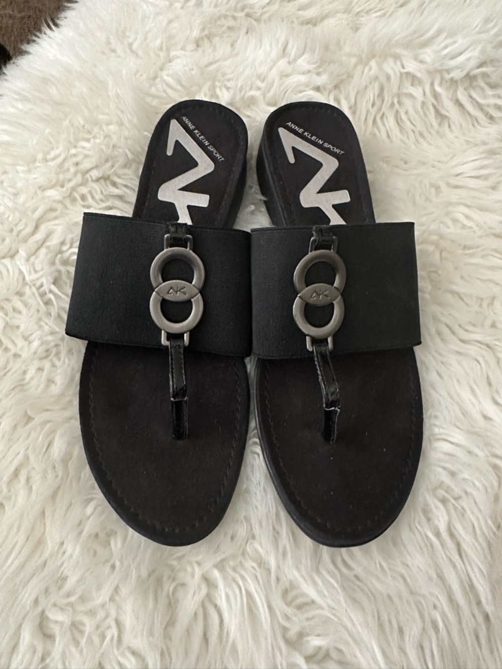 Anne Klein Sport Black Slide Sandals with Silver Ring Accent